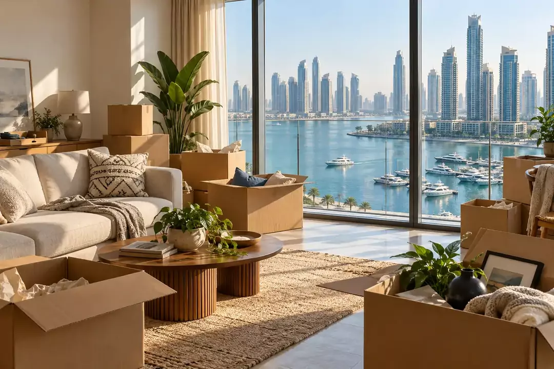 Eine Wohnung mit Panoramafenster und Blick auf die Bucht in Dubai