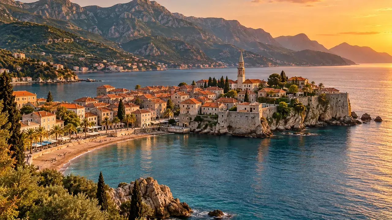 Budva, Montenegro: the old town on a cape, the Adriatic Sea and the mountains