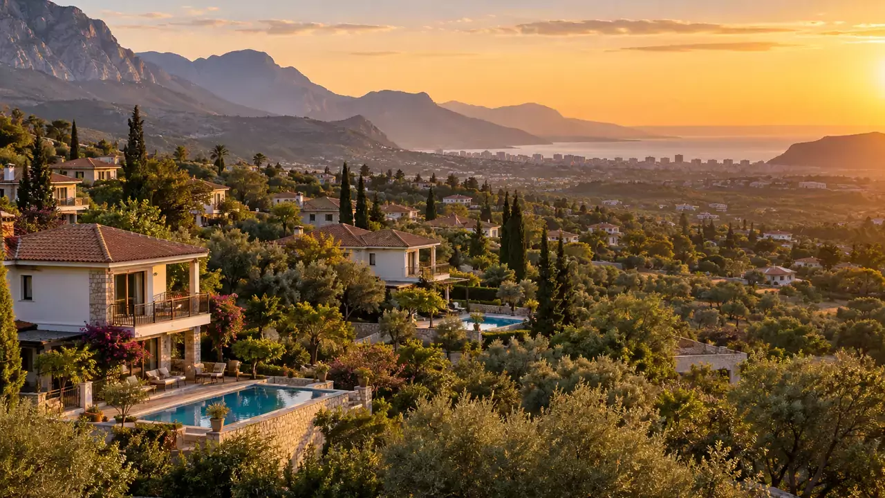 Döşemealtı: Häuser mit Gärten und Olivenbäumen auf den Hügeln über Antalya