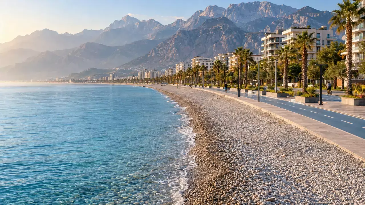 Konyaaltı, Antalya: ein langer Kiesstrand und die Promenade am Fuß der Berge